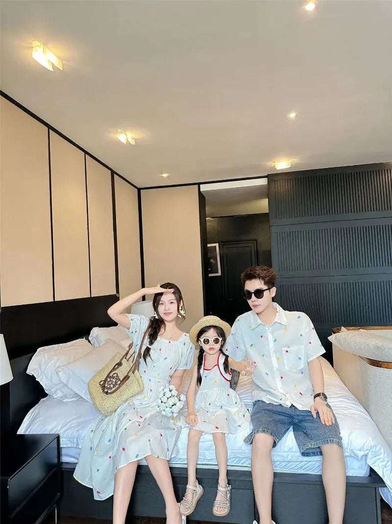 Fashion Family Matching Couple Clothes Mother and Daughter White Dress Dad and Son Baby Clothing Korean Boys Two Piece Outfits - Mein Shop