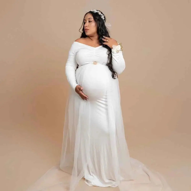 Schwangerenkleider Fotoshooting mit langen Ärmeln und V-Ausschnitt, elegante Mesh-Robe mit Bodenschleppe für Schwangerschaftsfotos und Babypartys