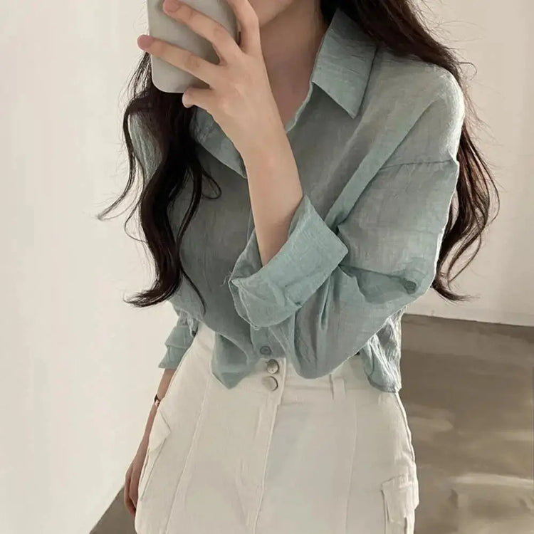 Women Shirt Turn Down Collar Cardigan Shirt Women Solid Color Sun Shirt - Mein Shop