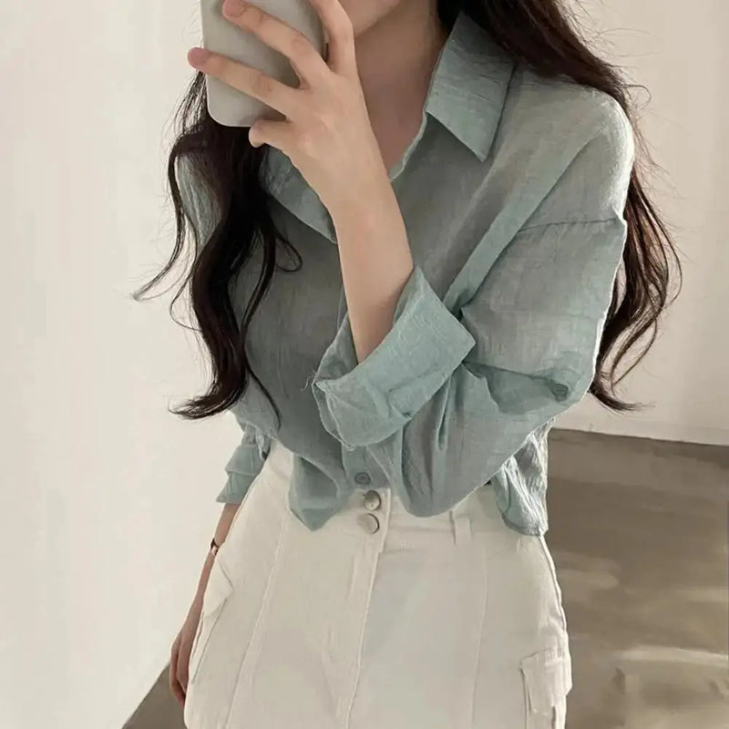 Women Shirt Turn Down Collar Cardigan Shirt Women Solid Color Sun Shirt - Mein Shop