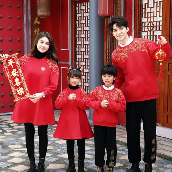 New Years Family Matching Red Clothing Winter Parent-child Clothes Mom and Daughter Girl Dress Dad and Son Boy Baby Sweatshirts - Mein Shop