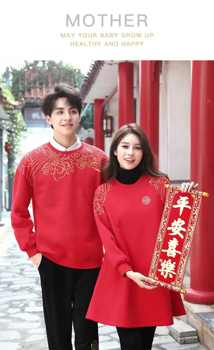 New Years Family Matching Red Clothing Winter Parent-child Clothes Mom and Daughter Girl Dress Dad and Son Boy Baby Sweatshirts - Mein Shop