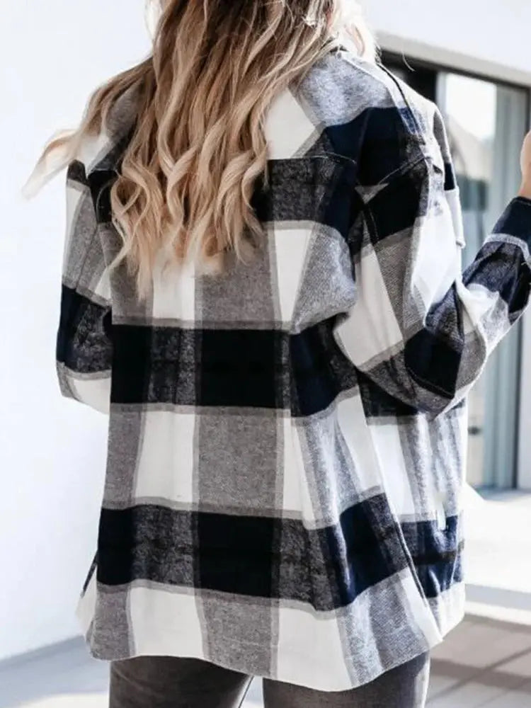 Shirts For Women Plaid Long Sleeve Button Up Shirt Collared Tops And Blouse 2024 Autumn Spring Fashion Loose Casual Black White - Mein Shop