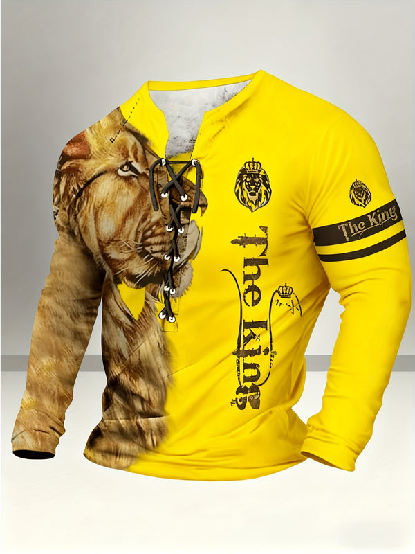 Men's Vintage-Inspired Casual Long Sleeve Henley Shirt with Lion & "THE KING" Graphics, Breathable Polyester, Machine Washable - Black & Golden, Fall/Winter Wear