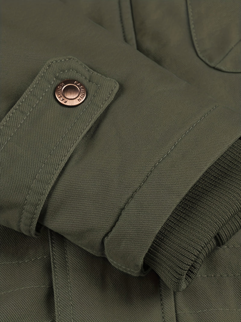 Men'S Thickened Warm Mid-Length Heavyweight Jacket with Detachable Hood - Multiple Zippered Pockets, Casual Outdoor Workwear, Polyester Lined, Button-Up Front, Regular Fit for Cold Weather, Winter Outerwear | Functional Desig