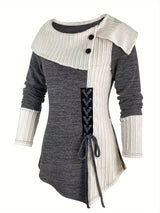 Women's Elegant Long Sleeve Top - Contrast Color Block Design with Asymmetrical Hem, Stretchy Mid-Weight Fabric & Machine Washable, All-Season Versatile Casual to Dressy Wear