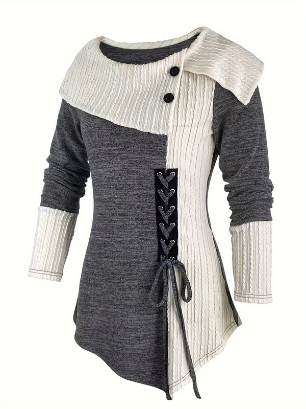 Women's Elegant Long Sleeve Top - Contrast Color Block Design with Asymmetrical Hem, Stretchy Mid-Weight Fabric & Machine Washable, All-Season Versatile Casual to Dressy Wear