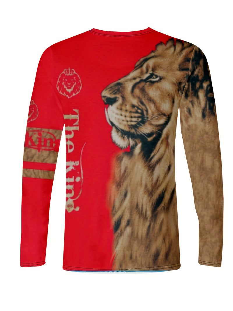 Men's Vintage-Inspired Casual Long Sleeve Henley Shirt with Lion & "THE KING" Graphics, Breathable Polyester, Machine Washable - Black & Golden, Fall/Winter Wear