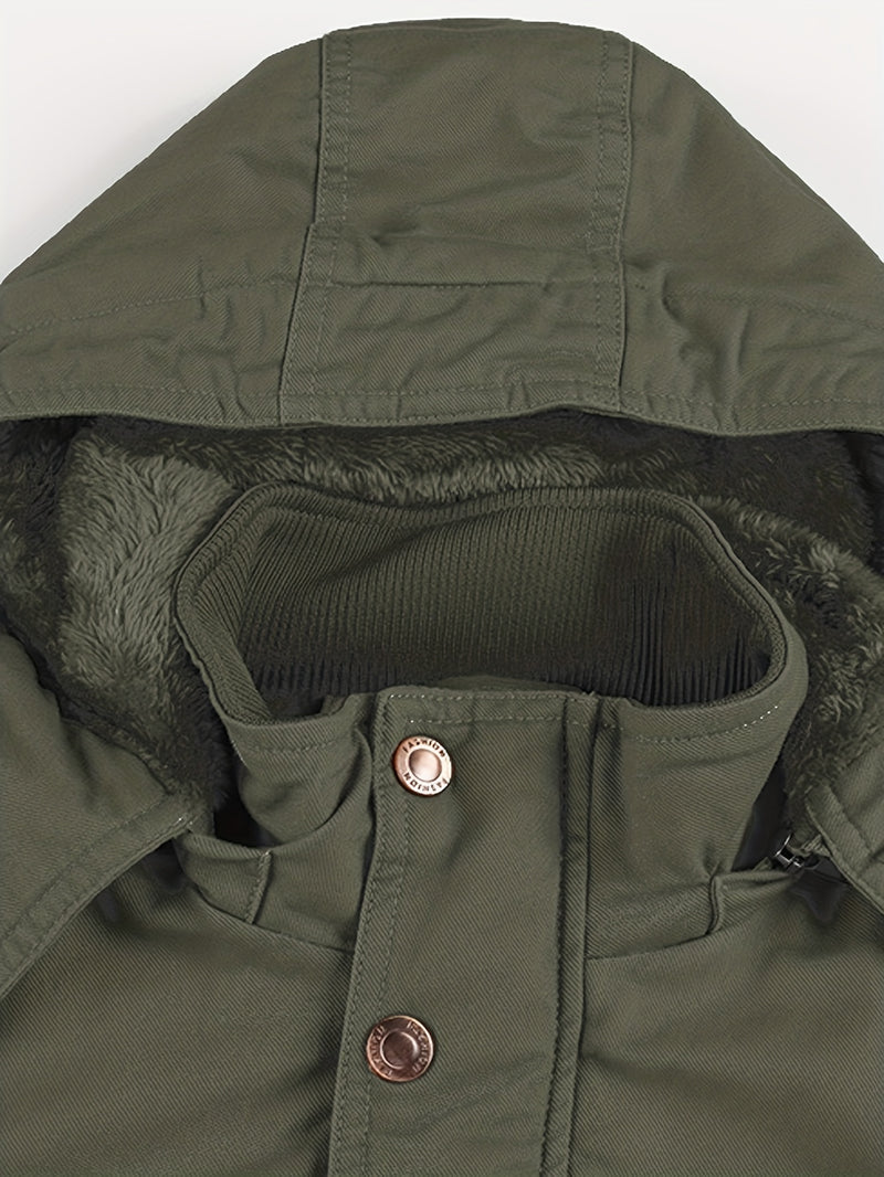 Men'S Thickened Warm Mid-Length Heavyweight Jacket with Detachable Hood - Multiple Zippered Pockets, Casual Outdoor Workwear, Polyester Lined, Button-Up Front, Regular Fit for Cold Weather, Winter Outerwear | Functional Desig