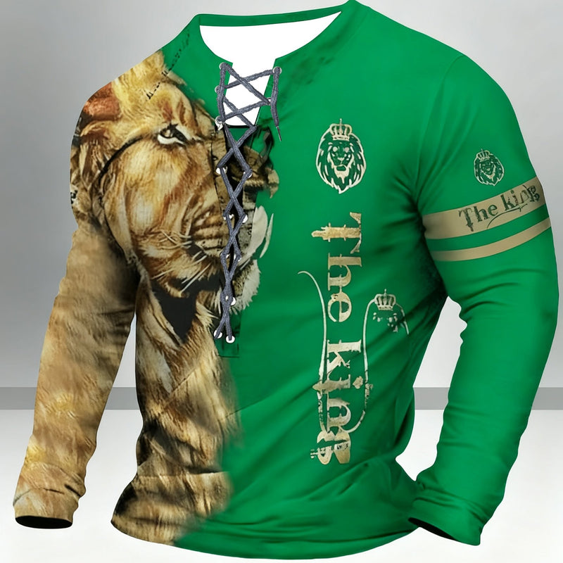 Men's Vintage-Inspired Casual Long Sleeve Henley Shirt with Lion & "THE KING" Graphics, Breathable Polyester, Machine Washable - Black & Golden, Fall/Winter Wear